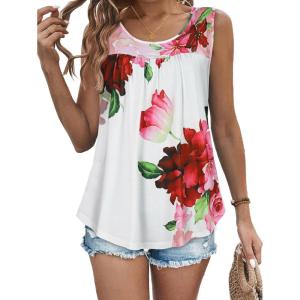 imageCHICGAL Womens Tank Tops Summer Sleeveless Blouse Crewneck Casual Loose Fit Tunic ShirtWhite Red Flower