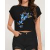 imageSummer Short Sleeve Crop Tops Womens Crewneck Roll Cap Sleeve T Shirts Loose Fit Basic TeesD Black Butterfly