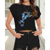 imageSummer Short Sleeve Crop Tops Womens Crewneck Roll Cap Sleeve T Shirts Loose Fit Basic TeesD Black Butterfly