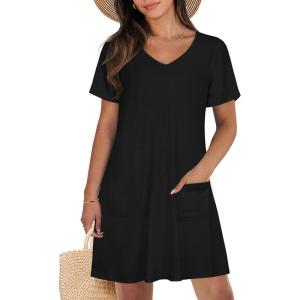 imageCHICGAL Summer Dresses for Women V Neck Short Sleeve Casual Loose T Shirt Sundress Beach Cover Ups with PocketsBlack