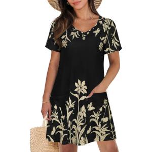 imageCHICGAL Summer Dresses for Women V Neck Short Sleeve Casual Loose T Shirt Sundress Beach Cover Ups with PocketsBlack Floral