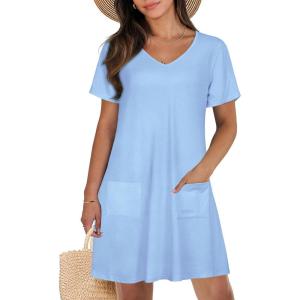 imageCHICGAL Summer Dresses for Women V Neck Short Sleeve Casual Loose T Shirt Sundress Beach Cover Ups with PocketsLight Blue