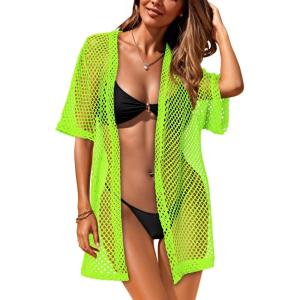 imageCHICGAL Women Swimsuit Coverup Crochet Beach Cover Up Short Sleeve Kimono Cardigans Causal Bikini Open Front OutfitsNeon Green
