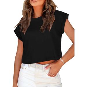 imageSummer Short Sleeve Crop Tops Womens Crewneck Roll Cap Sleeve T Shirts Loose Fit Basic TeesA Black