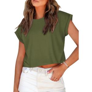 imageSummer Short Sleeve Crop Tops Womens Crewneck Roll Cap Sleeve T Shirts Loose Fit Basic TeesArmy Green