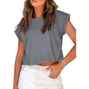imageSummer Short Sleeve Crop Tops Womens Crewneck Roll Cap Sleeve T Shirts Loose Fit Basic TeesB Grey