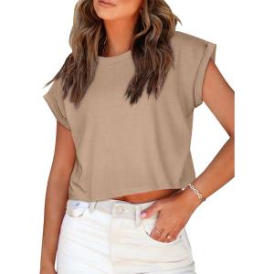 imageSummer Short Sleeve Crop Tops Womens Crewneck Roll Cap Sleeve T Shirts Loose Fit Basic TeesB Khaki