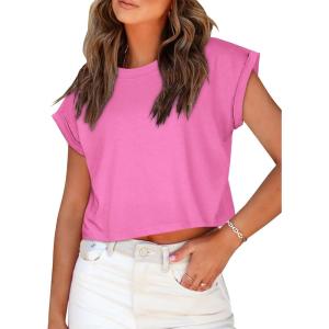 imageSummer Short Sleeve Crop Tops Womens Crewneck Roll Cap Sleeve T Shirts Loose Fit Basic TeesB Pink
