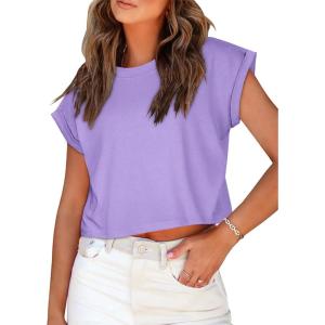 imageSummer Short Sleeve Crop Tops Womens Crewneck Roll Cap Sleeve T Shirts Loose Fit Basic TeesB Purple
