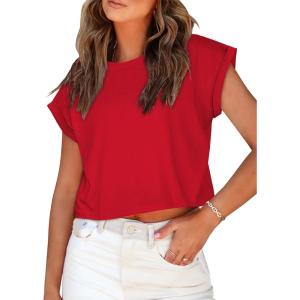 imageSummer Short Sleeve Crop Tops Womens Crewneck Roll Cap Sleeve T Shirts Loose Fit Basic TeesB Red