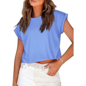 imageSummer Short Sleeve Crop Tops Womens Crewneck Roll Cap Sleeve T Shirts Loose Fit Basic TeesB Sky Blue