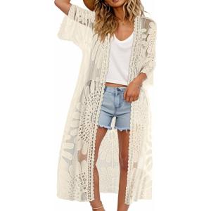 imageCHICGAL Womens Swimsuit Coverup Lace Bathing Suit Cover Up Beach Kimonos Long Cardigan Open Front SwimwearApricot