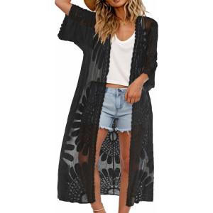 imageCHICGAL Womens Swimsuit Coverup Lace Bathing Suit Cover Up Beach Kimonos Long Cardigan Open Front SwimwearBlack