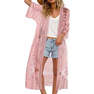 imageCHICGAL Womens Swimsuit Coverup Lace Bathing Suit Cover Up Beach Kimonos Long Cardigan Open Front SwimwearPink