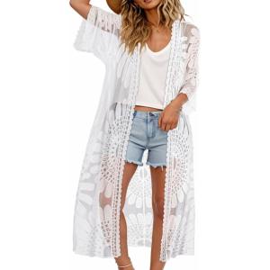 imageCHICGAL Womens Swimsuit Coverup Lace Bathing Suit Cover Up Beach Kimonos Long Cardigan Open Front SwimwearWhite