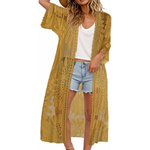 imageCHICGAL Womens Swimsuit Coverup Lace Bathing Suit Cover Up Beach Kimonos Long Cardigan Open Front SwimwearYellow