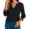 imageBlouses for Womens 34 Length Sleeve Casual Tops Loose V Neck T Shirt with Smocked CuffsBlack