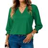 imageBlouses for Womens 34 Length Sleeve Casual Tops Loose V Neck T Shirt with Smocked CuffsGreen