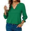 imageBlouses for Womens 34 Length Sleeve Casual Tops Loose V Neck T Shirt with Smocked CuffsGreen