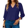 imageBlouses for Womens 34 Length Sleeve Casual Tops Loose V Neck T Shirt with Smocked CuffsNavy Blue
