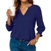 imageBlouses for Womens 34 Length Sleeve Casual Tops Loose V Neck T Shirt with Smocked CuffsNavy Blue