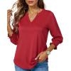 imageBlouses for Womens 34 Length Sleeve Casual Tops Loose V Neck T Shirt with Smocked CuffsRed