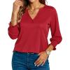 imageBlouses for Womens 34 Length Sleeve Casual Tops Loose V Neck T Shirt with Smocked CuffsRed