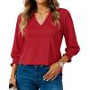 imageBlouses for Womens 34 Length Sleeve Casual Tops Loose V Neck T Shirt with Smocked CuffsRed
