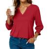 imageBlouses for Womens 34 Length Sleeve Casual Tops Loose V Neck T Shirt with Smocked CuffsRed