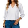 imageBlouses for Womens 34 Length Sleeve Casual Tops Loose V Neck T Shirt with Smocked CuffsWhite