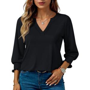 imageBlouses for Womens 34 Length Sleeve Casual Tops Loose V Neck T Shirt with Smocked CuffsBlack