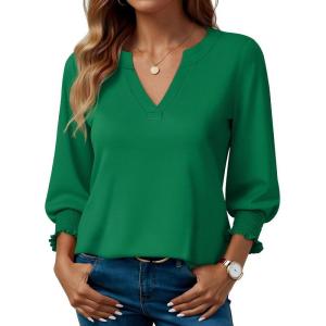 imageBlouses for Womens 34 Length Sleeve Casual Tops Loose V Neck T Shirt with Smocked CuffsGreen