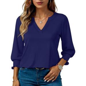 imageBlouses for Womens 34 Length Sleeve Casual Tops Loose V Neck T Shirt with Smocked CuffsNavy Blue