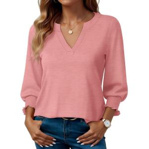 imageBlouses for Womens 34 Length Sleeve Casual Tops Loose V Neck T Shirt with Smocked CuffsPink