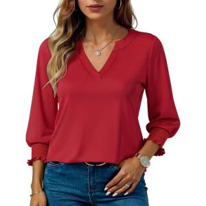 imageBlouses for Womens 34 Length Sleeve Casual Tops Loose V Neck T Shirt with Smocked CuffsRed
