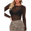 imageWomens Mesh Tops Sheer Long Sleeve Tee Shirts Bodycon See Through Blouse ClubwearAblack