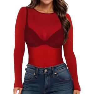 imageWomens Mesh Tops Sheer Long Sleeve Tee Shirts Bodycon See Through Blouse ClubwearAbright Red