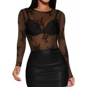 imageWomens Mesh Tops Sheer Long Sleeve Tee Shirts Bodycon See Through Blouse ClubwearBlack Floral