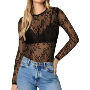imageWomens Mesh Tops Sheer Long Sleeve Tee Shirts Bodycon See Through Blouse ClubwearBlack Petals