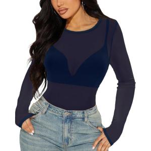 imageWomens Mesh Tops Sheer Long Sleeve Tee Shirts Bodycon See Through Blouse ClubwearNavy Blue