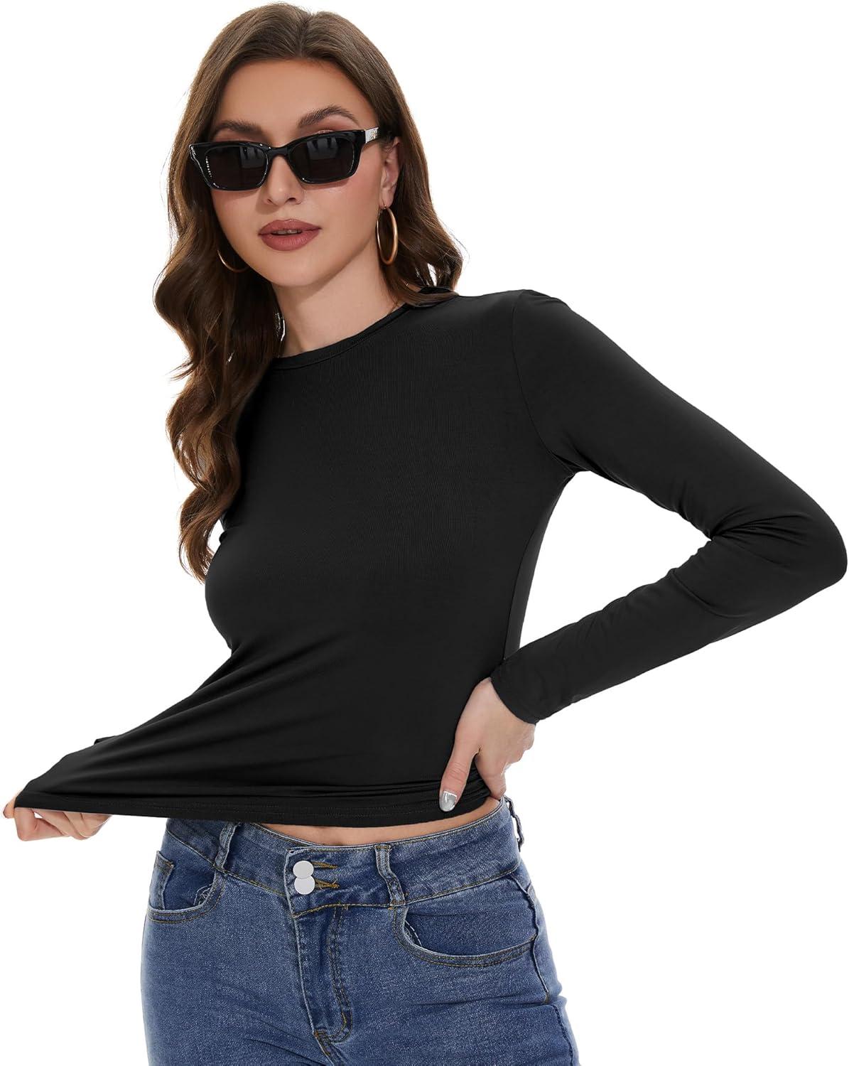 imageWomens Long Sleeve Shirts Basic Tees Y2k Slim Fit T Shirt Crew Neck Trendy Crop Top Casual01black