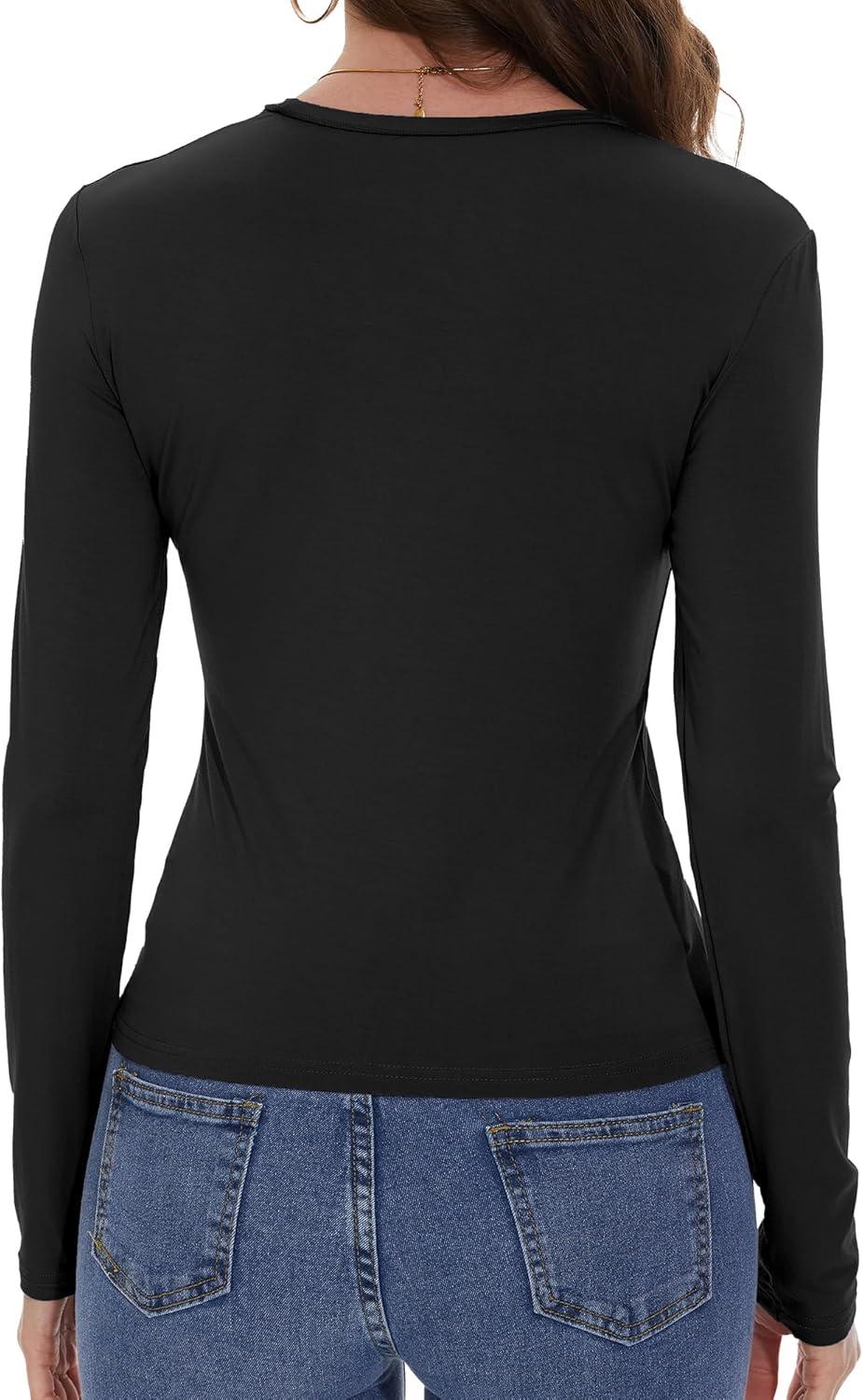 imageWomens Long Sleeve Shirts Basic Tees Y2k Slim Fit T Shirt Crew Neck Trendy Crop Top Casual01black