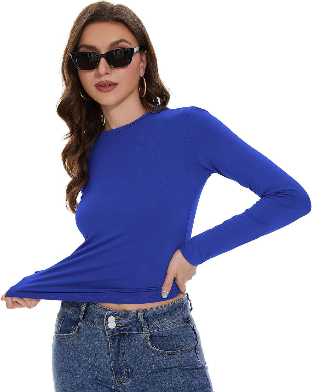 imageWomens Long Sleeve Shirts Basic Tees Y2k Slim Fit T Shirt Crew Neck Trendy Crop Top Casual01royal Blue