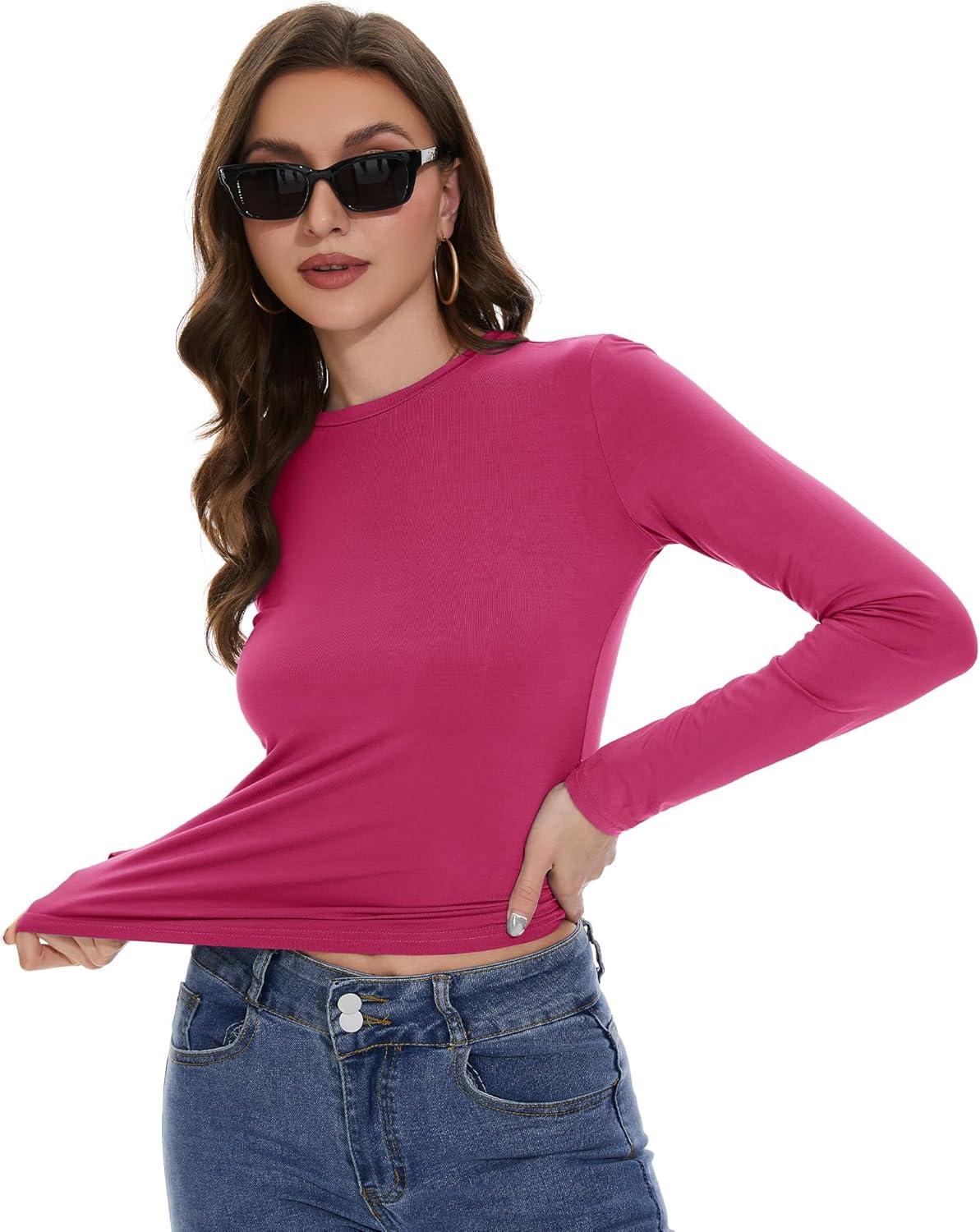 imageWomens Long Sleeve Shirts Basic Tees Y2k Slim Fit T Shirt Crew Neck Trendy Crop Top Casual02hot Pink