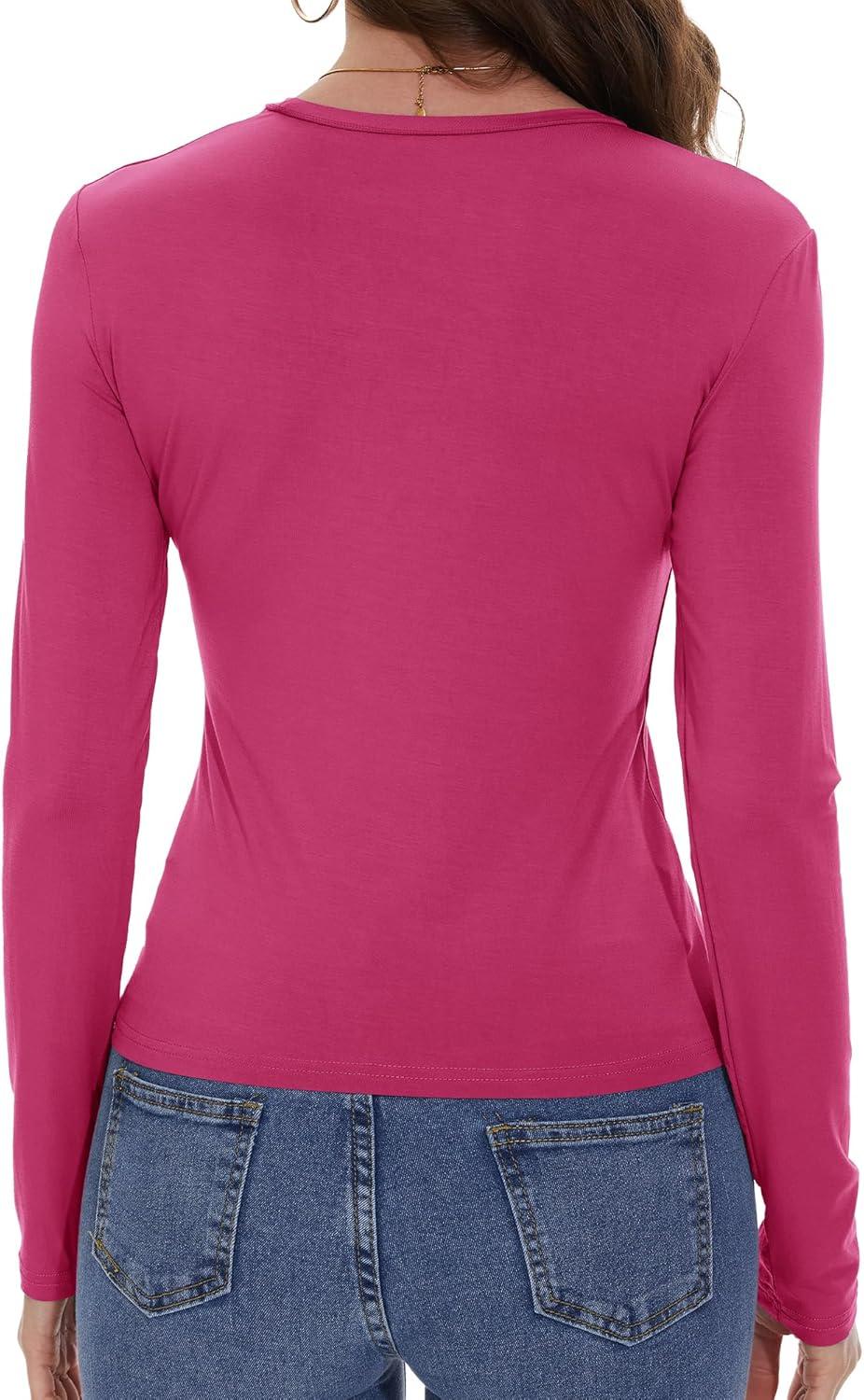 imageWomens Long Sleeve Shirts Basic Tees Y2k Slim Fit T Shirt Crew Neck Trendy Crop Top Casual02hot Pink