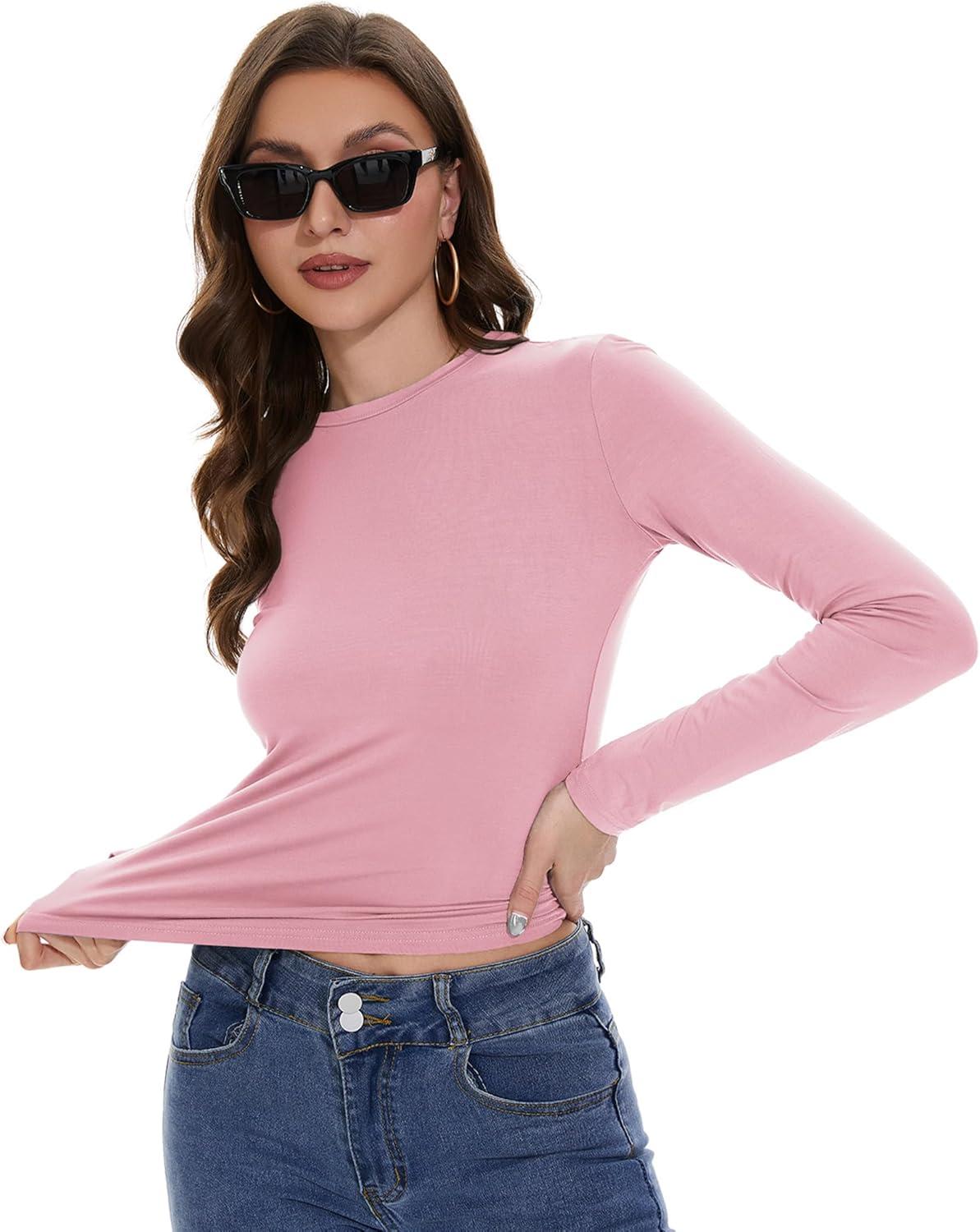 imageWomens Long Sleeve Shirts Basic Tees Y2k Slim Fit T Shirt Crew Neck Trendy Crop Top Casual02light Pink
