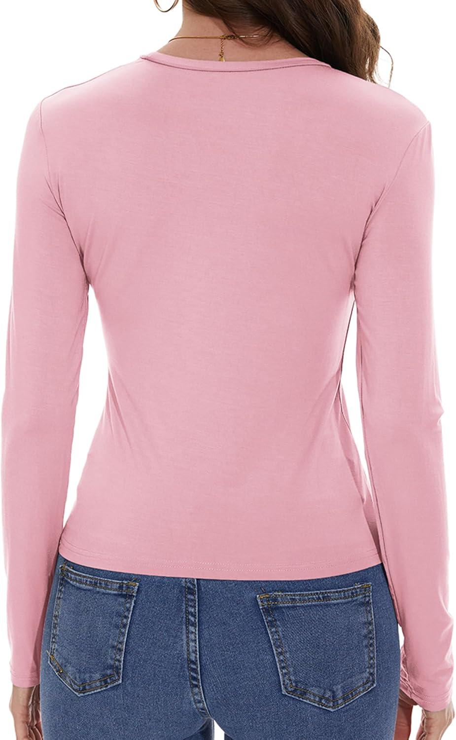 imageWomens Long Sleeve Shirts Basic Tees Y2k Slim Fit T Shirt Crew Neck Trendy Crop Top Casual02light Pink