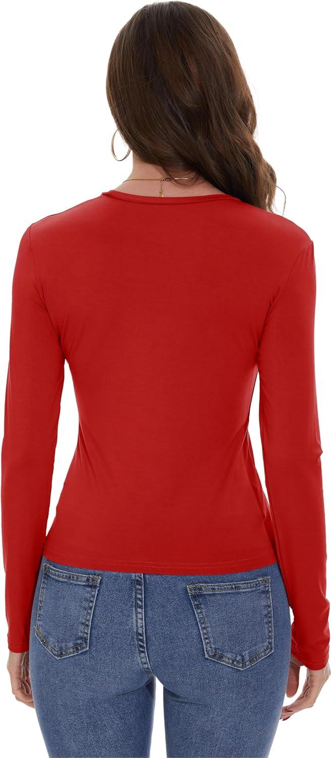 imageWomens Long Sleeve Shirts Basic Tees Y2k Slim Fit T Shirt Crew Neck Trendy Crop Top Casual02red