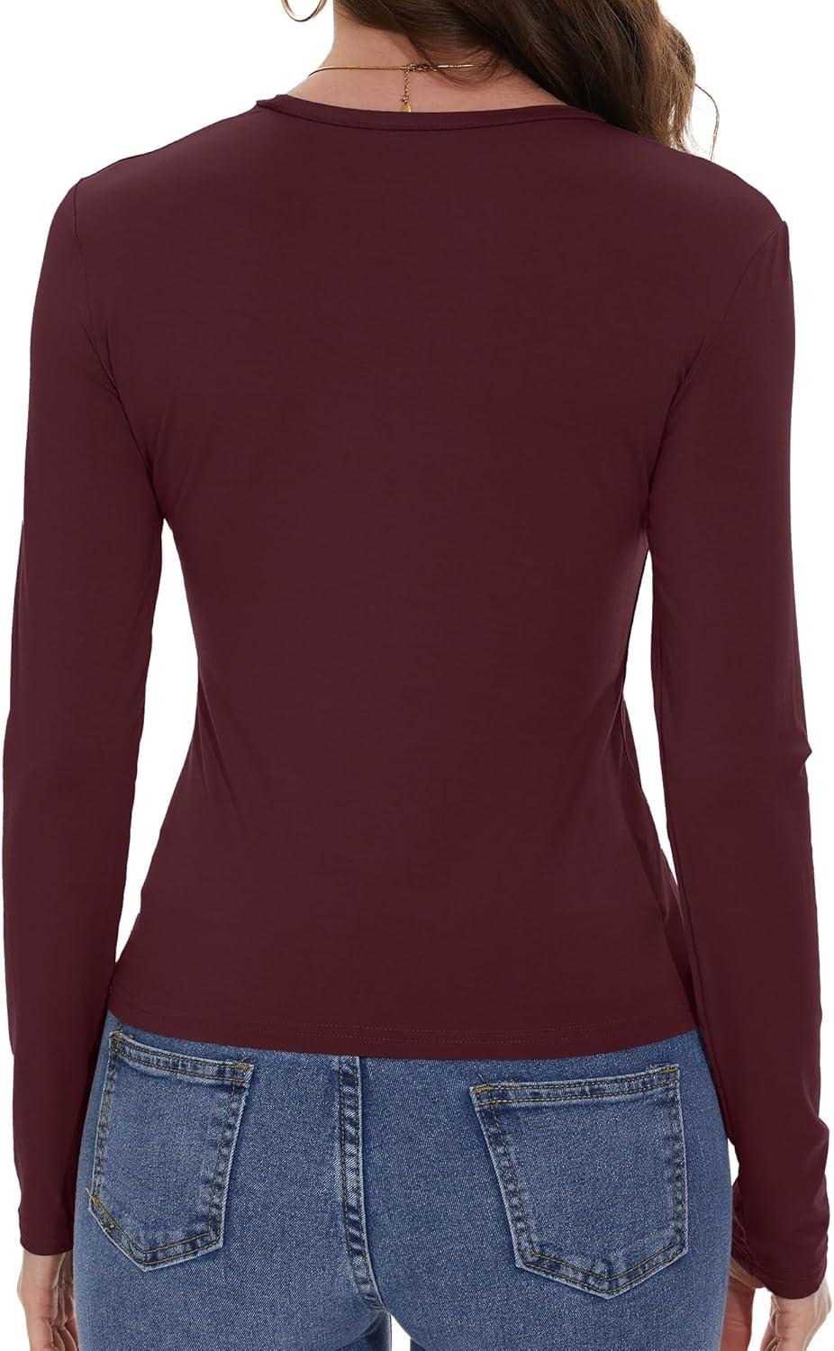 imageWomens Long Sleeve Shirts Basic Tees Y2k Slim Fit T Shirt Crew Neck Trendy Crop Top Casual02wine Red