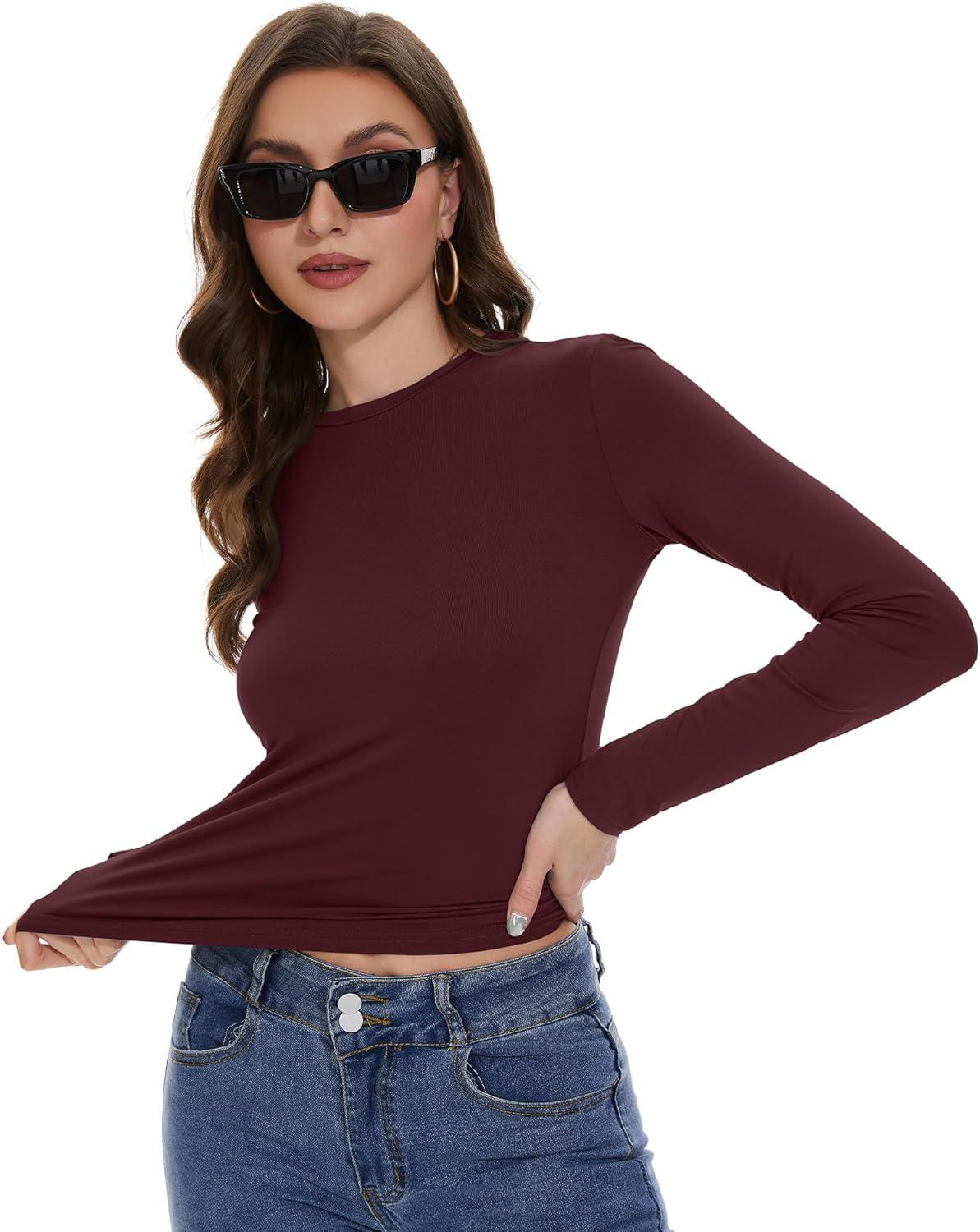 imageWomens Long Sleeve Shirts Basic Tees Y2k Slim Fit T Shirt Crew Neck Trendy Crop Top Casual02wine Red